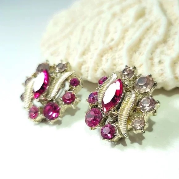 Deep Magenta Rhinestone Vintage Earrings - Picture 1 of 8